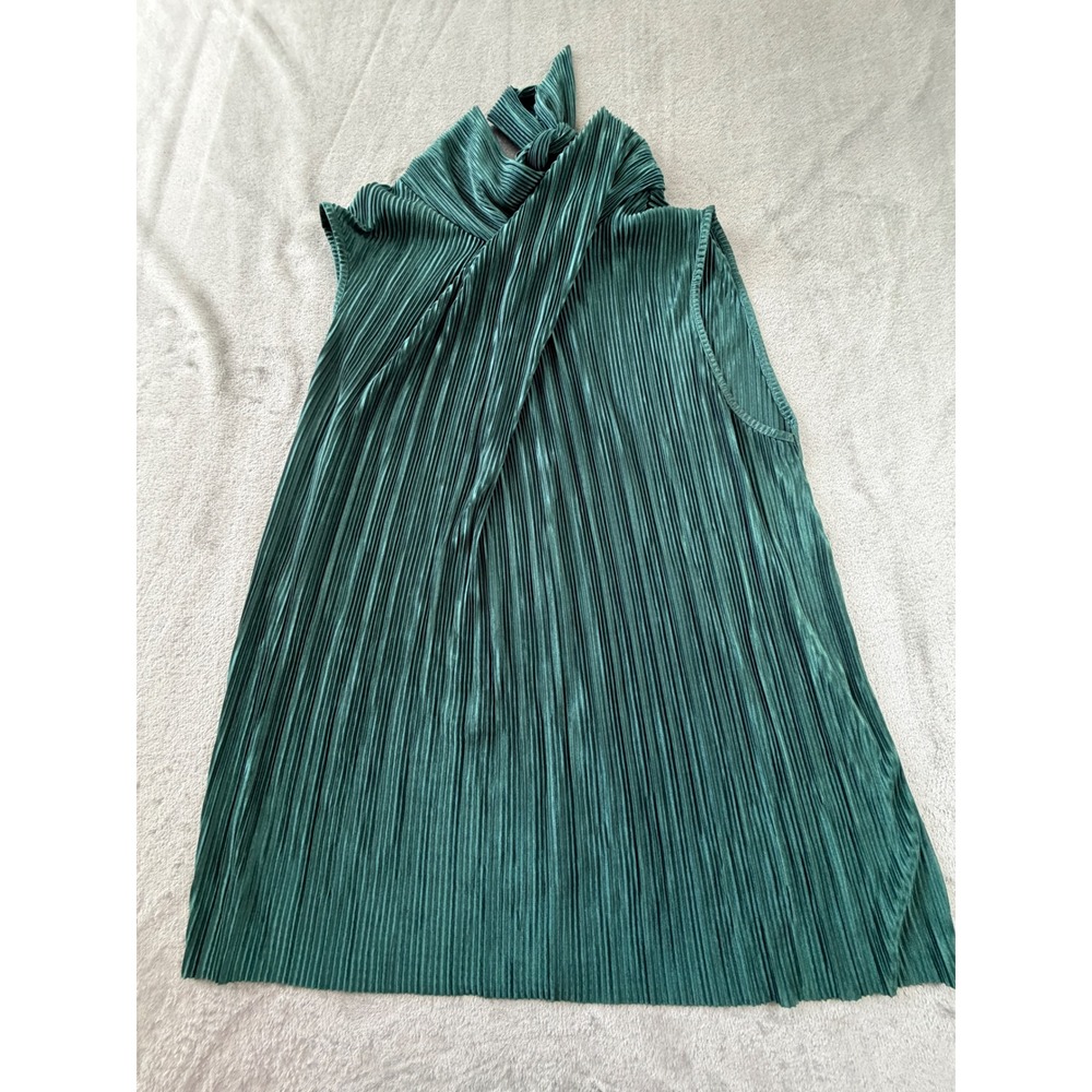 Zara Plissé Blouse Women Small Green Sleeveless High Neck Tie Back Pleated Top